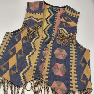 Vtg 90s Agapo Tapestry‎ Vest Womens L Aztec Western Fringe Festival Rodeo Boho